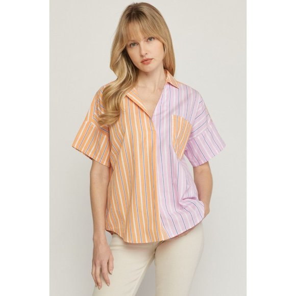 Entro Blue and White Striped Zip V Neck Top